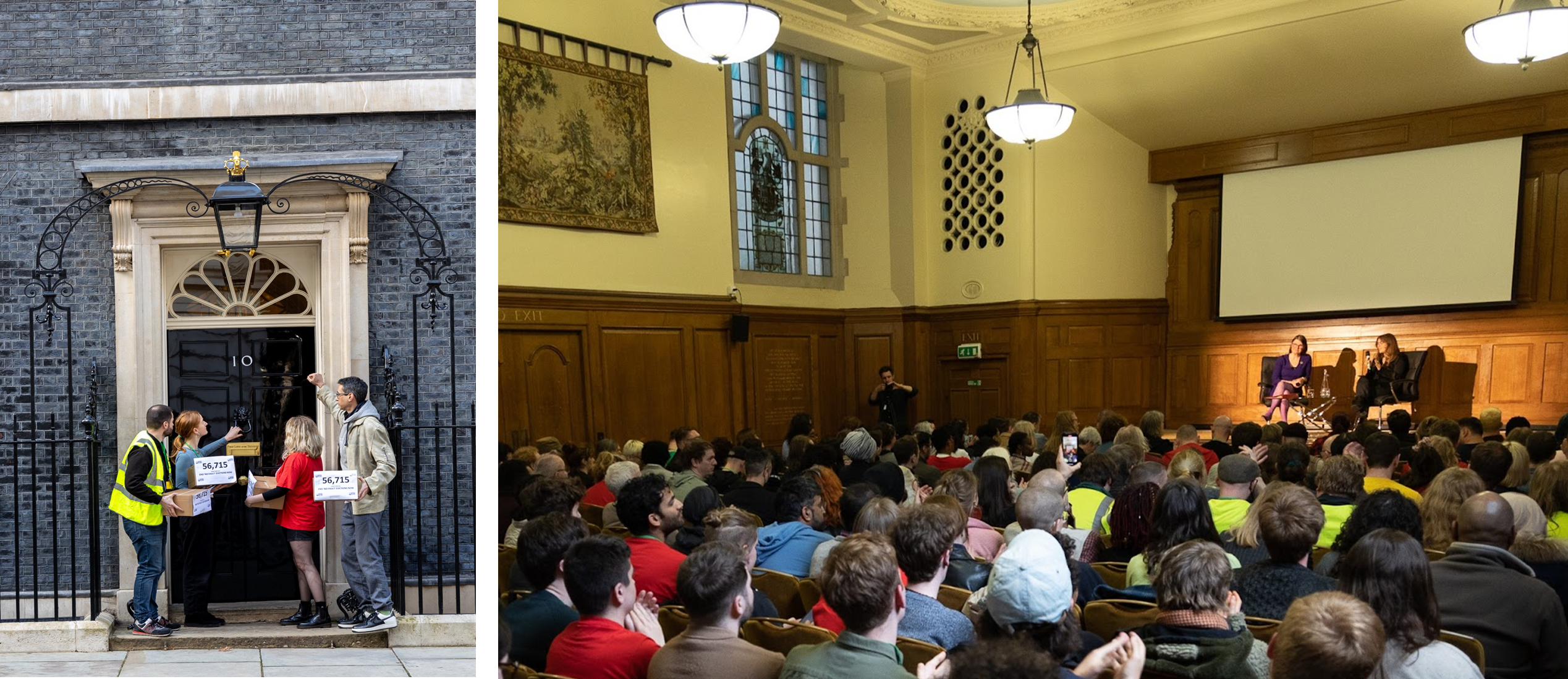 Photos from RRC Day of Action, campaigners handing petition into no.10 on left, attendees at last event at a Q&A with Rachel Maclean 