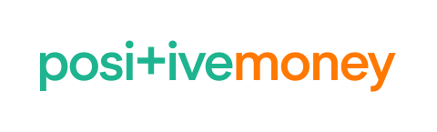 Text reading positivemoney in teal and orange