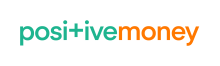 Text reading positivemoney in teal and orange